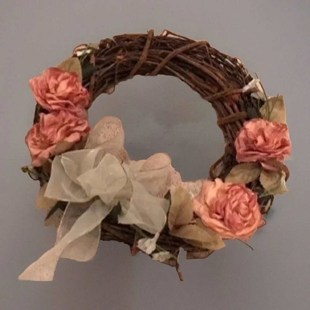 Grapevine Wreath Mauve Pink Flowers White Ribbon